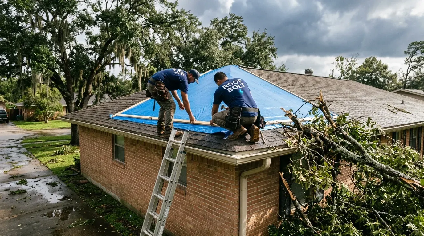 Crew putting a tarp over a storm-damaged roof