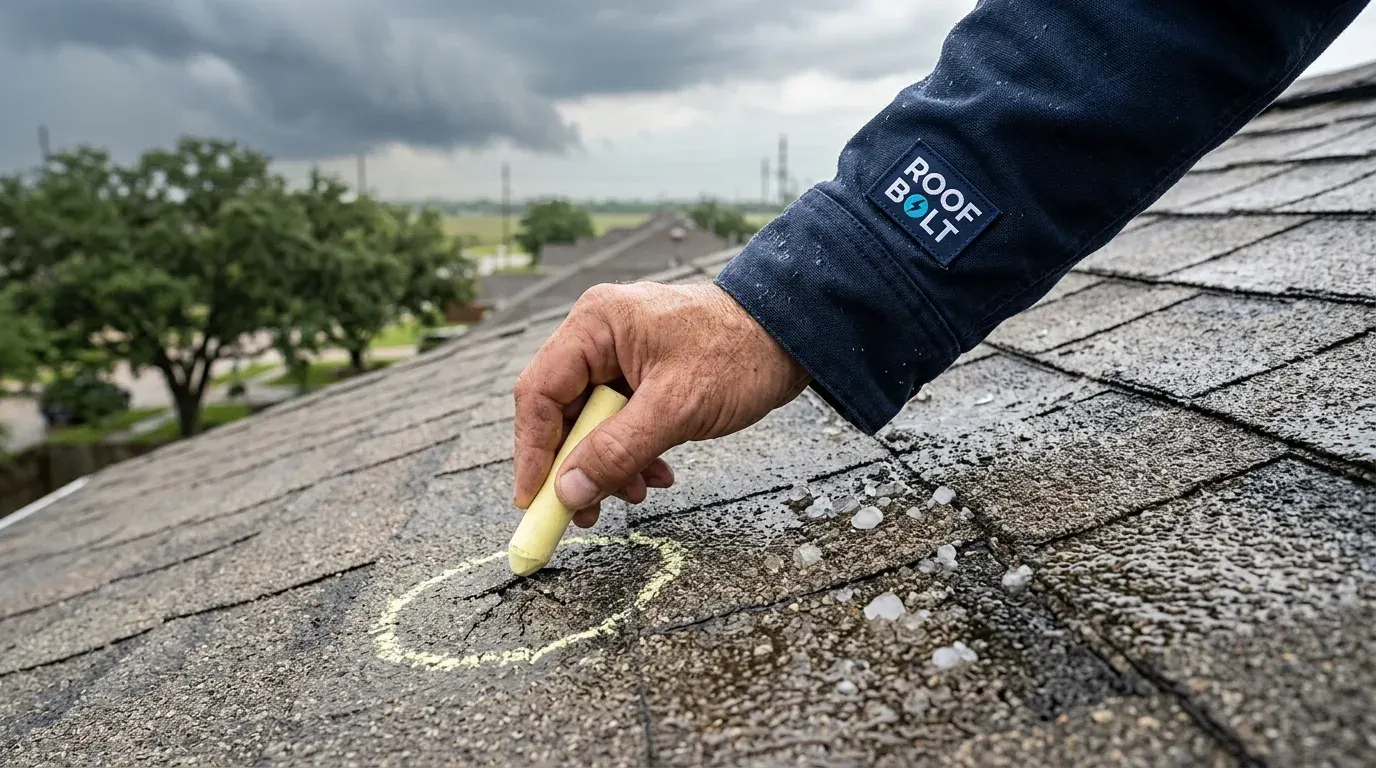 Roofer marking hail hits on asphalt shingles