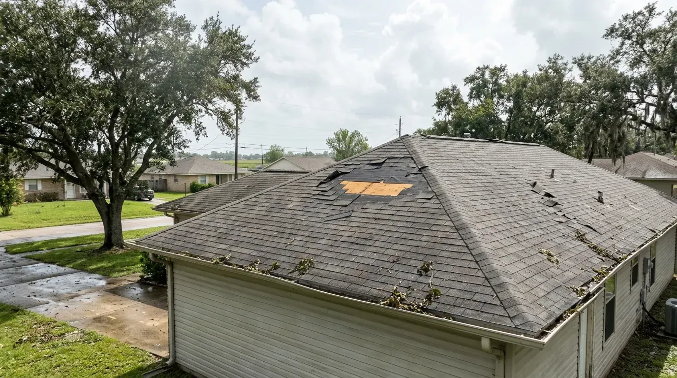 Torn and missing shingles on a roof