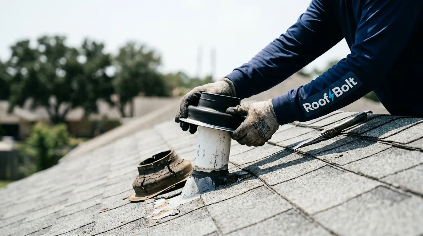Roofer fitting a new rubber boot around a plumbing vent pipe